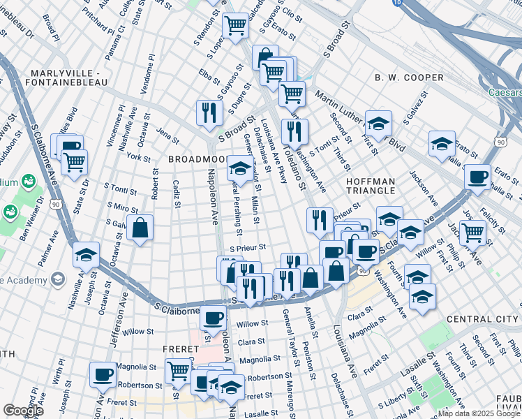 map of restaurants, bars, coffee shops, grocery stores, and more near 4216 South Miro Street in New Orleans