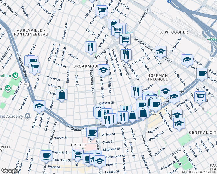 map of restaurants, bars, coffee shops, grocery stores, and more near 4216 South Miro Street in New Orleans