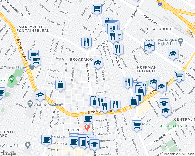 map of restaurants, bars, coffee shops, grocery stores, and more near 4216 South Miro Street in New Orleans