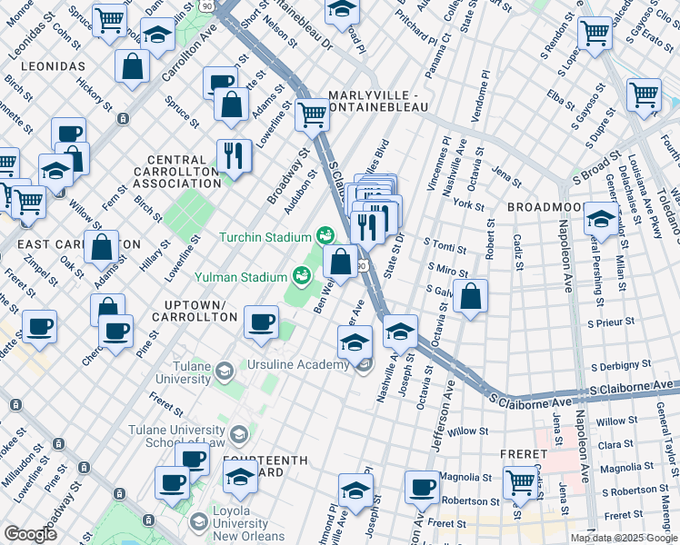 map of restaurants, bars, coffee shops, grocery stores, and more near 3000 Ben Weiner Drive in New Orleans