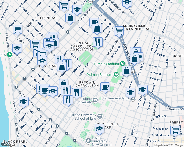 map of restaurants, bars, coffee shops, grocery stores, and more near 7302 Birch Street in New Orleans