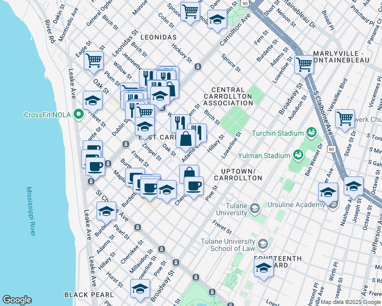 map of restaurants, bars, coffee shops, grocery stores, and more near 1301 Burdette Street in New Orleans