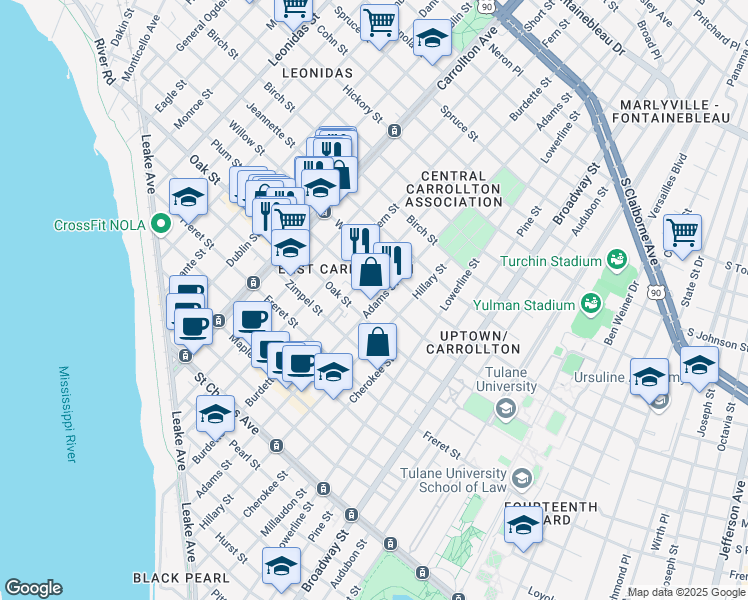 map of restaurants, bars, coffee shops, grocery stores, and more near 1301 Burdette Street in New Orleans