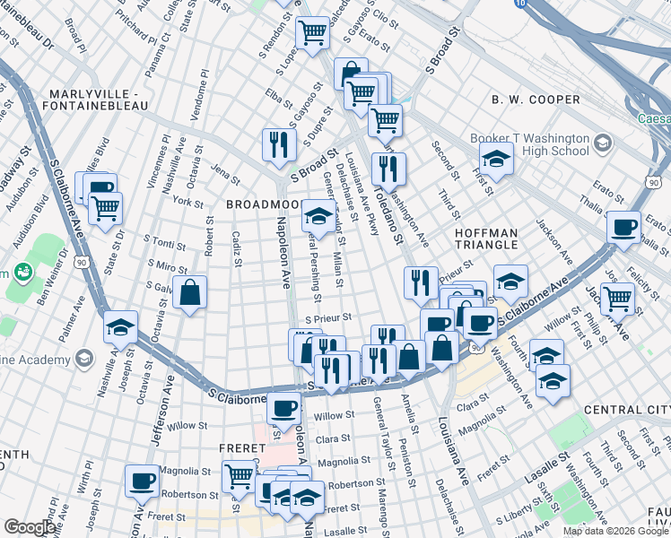 map of restaurants, bars, coffee shops, grocery stores, and more near 4216 South Miro Street in New Orleans