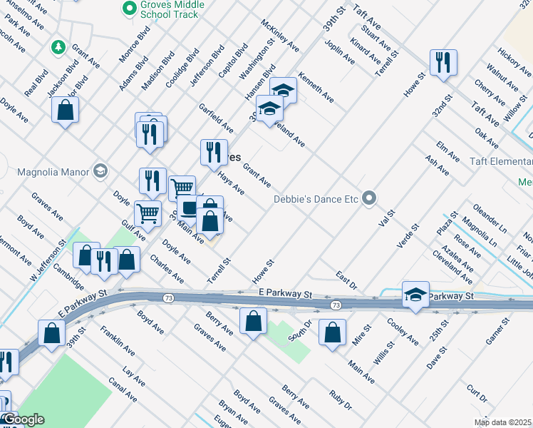 map of restaurants, bars, coffee shops, grocery stores, and more near 6288 Terrell Street in Groves