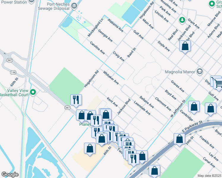 map of restaurants, bars, coffee shops, grocery stores, and more near 5325 Whitaker Street in Groves
