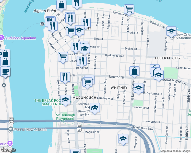 map of restaurants, bars, coffee shops, grocery stores, and more near 917 Pacific Avenue in New Orleans