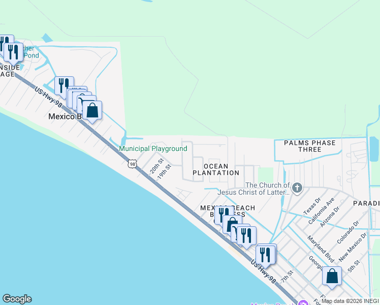 map of restaurants, bars, coffee shops, grocery stores, and more near 250 Lalla Lane in Mexico Beach