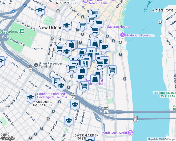 map of restaurants, bars, coffee shops, grocery stores, and more near Magazine St & Julia St in New Orleans
