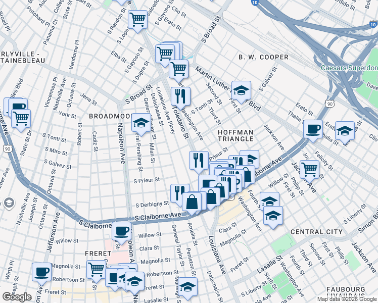 map of restaurants, bars, coffee shops, grocery stores, and more near 3312 Toledano Street in New Orleans