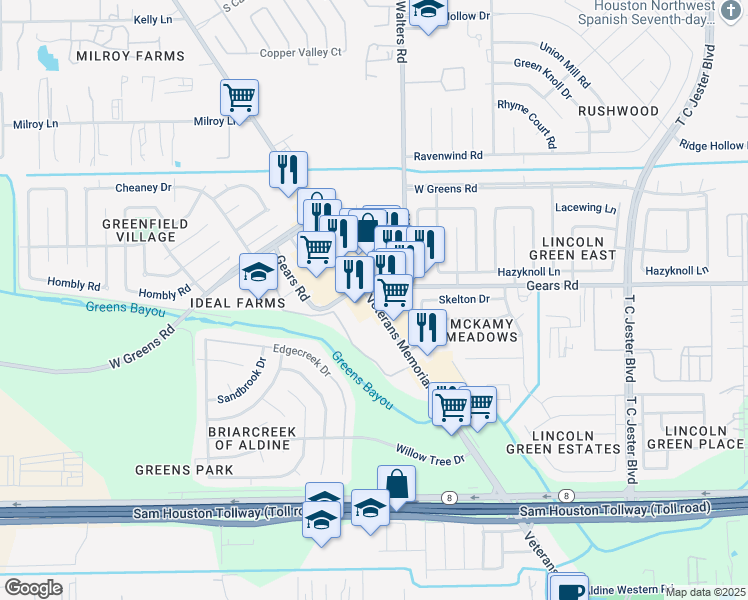 map of restaurants, bars, coffee shops, grocery stores, and more near 11248 Veterans Memorial Drive in Houston