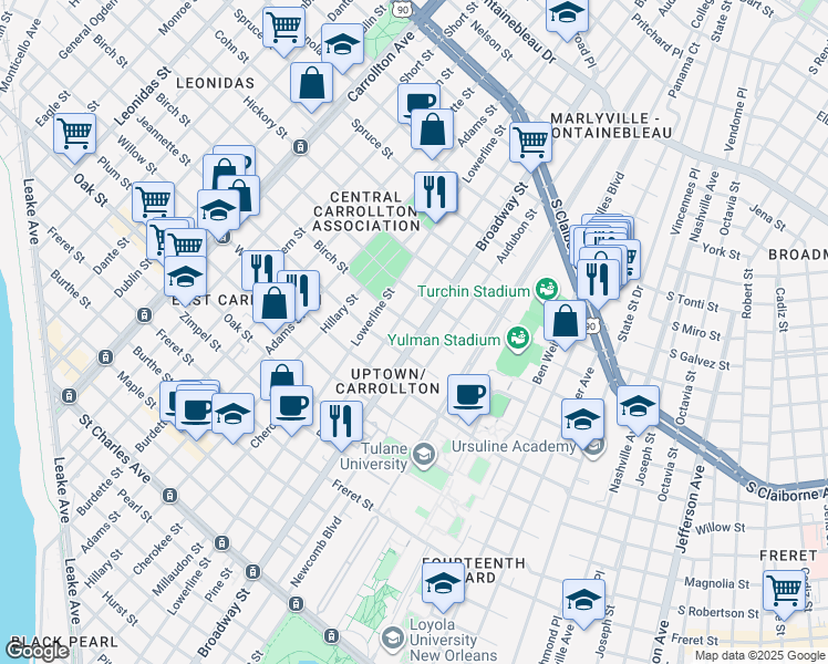 map of restaurants, bars, coffee shops, grocery stores, and more near 1634 Broadway Street in New Orleans