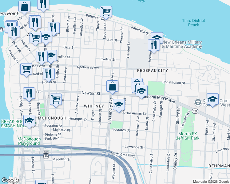 map of restaurants, bars, coffee shops, grocery stores, and more near 902 Whitney Avenue in New Orleans