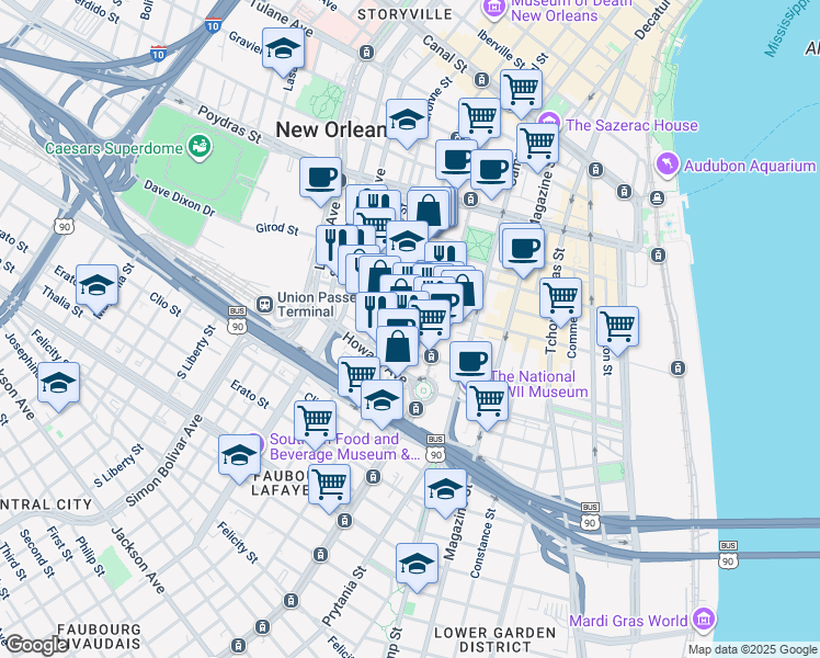 map of restaurants, bars, coffee shops, grocery stores, and more near 29114 Julia Street in New Orleans