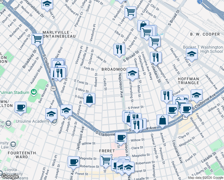 map of restaurants, bars, coffee shops, grocery stores, and more near 3615 Jena Street in New Orleans