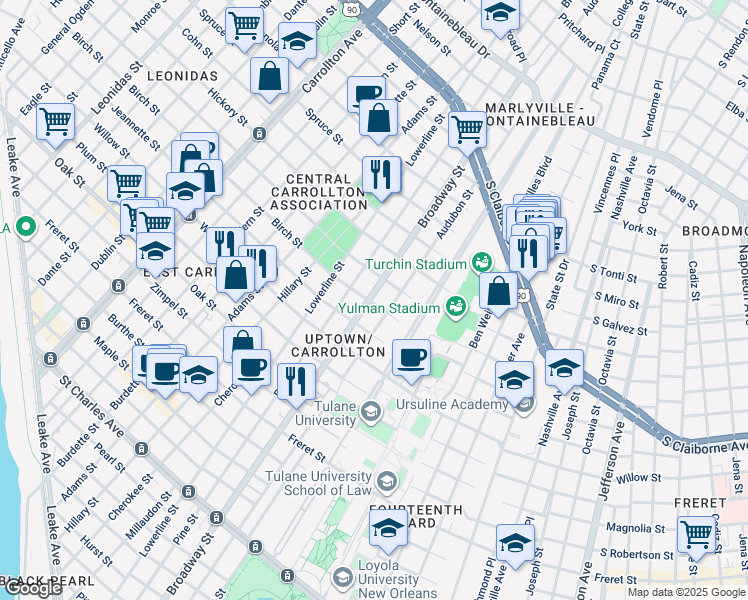 map of restaurants, bars, coffee shops, grocery stores, and more near 1634 Broadway Street in New Orleans