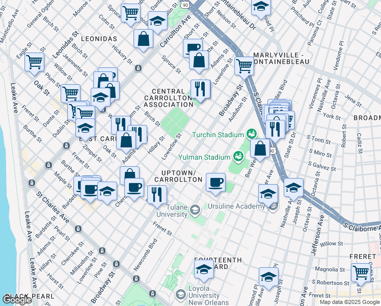 map of restaurants, bars, coffee shops, grocery stores, and more near 1634 Broadway Street in New Orleans