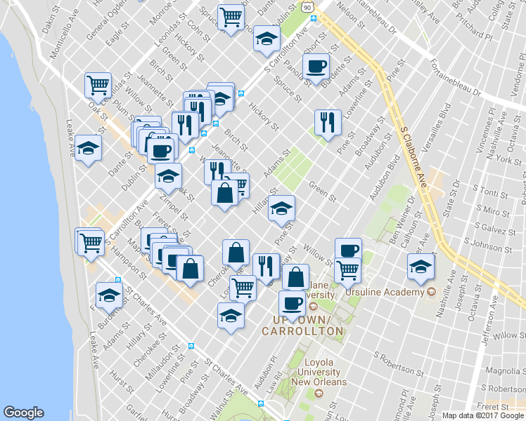 map of restaurants, bars, coffee shops, grocery stores, and more near 1409 Adams Street in New Orleans