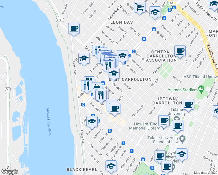 map of restaurants, bars, coffee shops, grocery stores, and more near 1015 South Carrollton Avenue in New Orleans