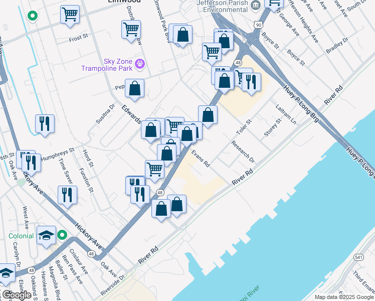 map of restaurants, bars, coffee shops, grocery stores, and more near 5600 Jefferson Highway in Elmwood