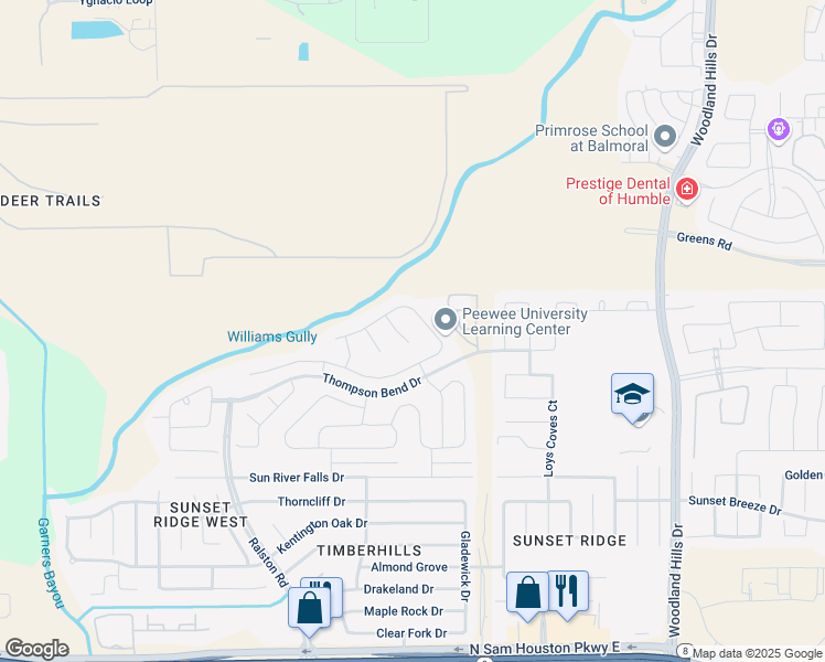 map of restaurants, bars, coffee shops, grocery stores, and more near 15450 hillside mill dr in Humble