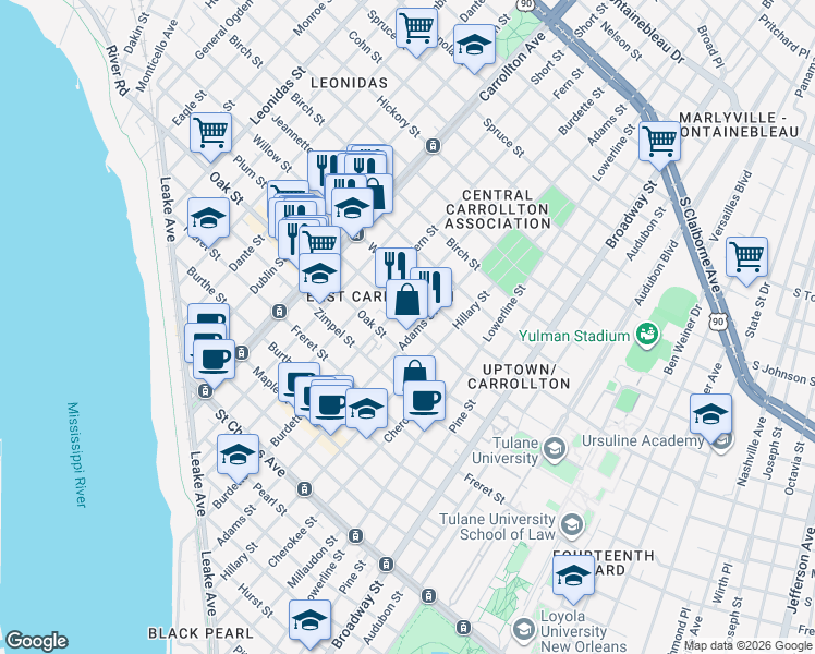 map of restaurants, bars, coffee shops, grocery stores, and more near 1301 Burdette Street in New Orleans