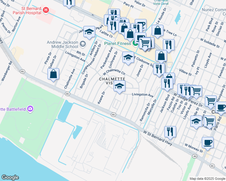 map of restaurants, bars, coffee shops, grocery stores, and more near 8712 Livingston Avenue in Chalmette