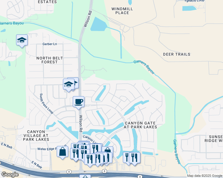 map of restaurants, bars, coffee shops, grocery stores, and more near 4419 Matagorda Lakes Drive in Humble