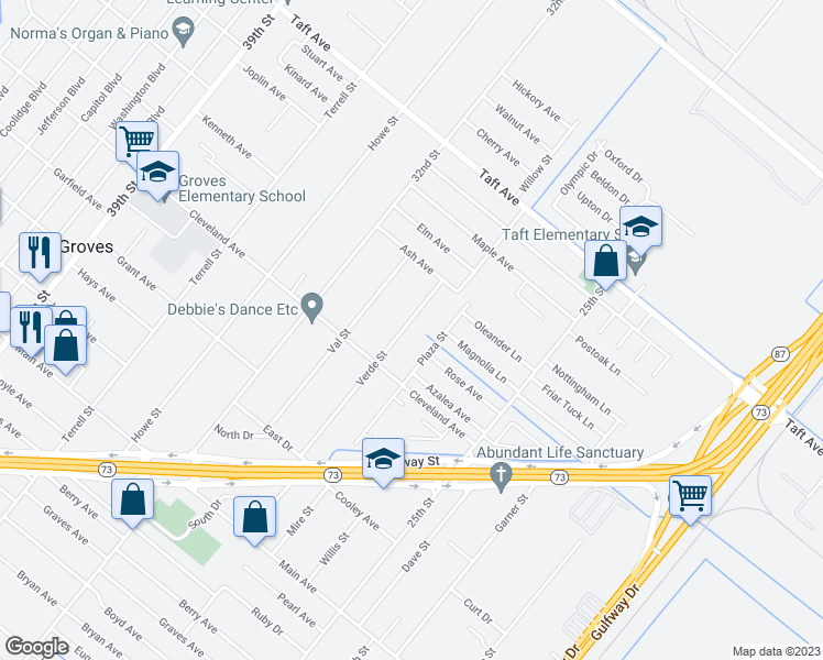 map of restaurants, bars, coffee shops, grocery stores, and more near 6598 Verde Street in Groves