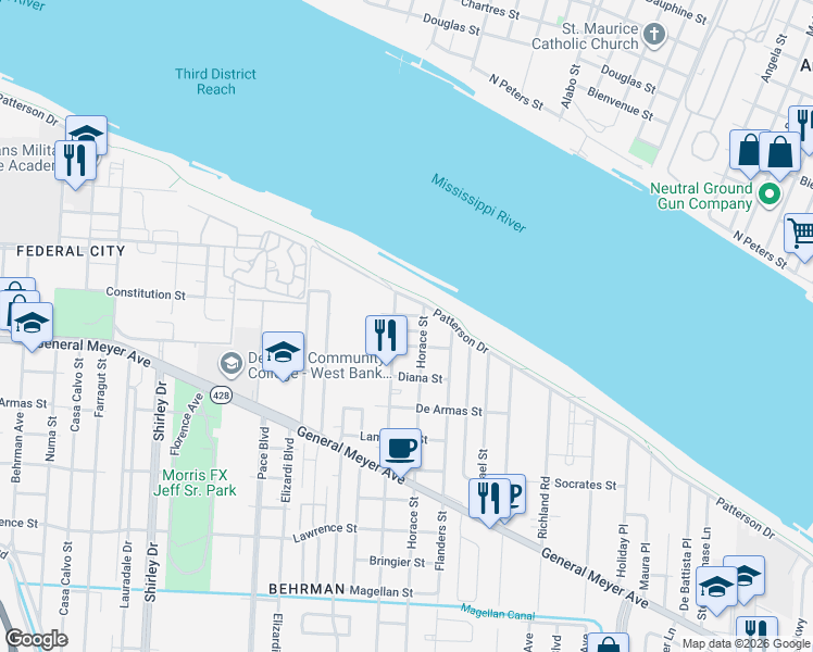 map of restaurants, bars, coffee shops, grocery stores, and more near 3234 Homer Street in New Orleans