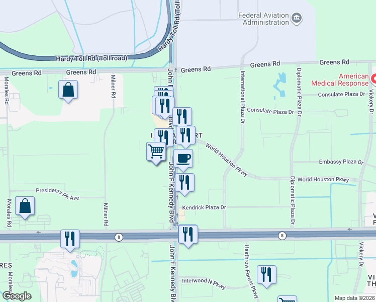 map of restaurants, bars, coffee shops, grocery stores, and more near 15700 John F Kennedy Boulevard in Houston