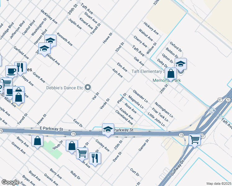map of restaurants, bars, coffee shops, grocery stores, and more near 6591 Verde Street in Groves