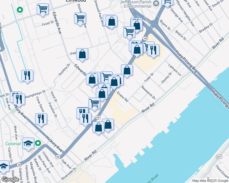 map of restaurants, bars, coffee shops, grocery stores, and more near 5600 Jefferson Highway in Elmwood