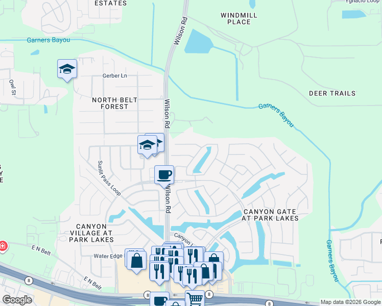 map of restaurants, bars, coffee shops, grocery stores, and more near 9546 Barlow Springs Lane in Humble