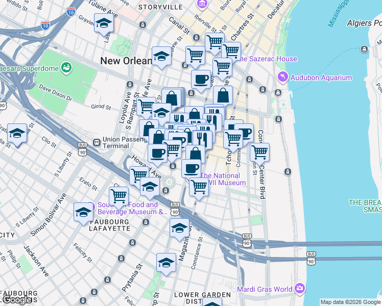 map of restaurants, bars, coffee shops, grocery stores, and more near 755 Camp Street in New Orleans
