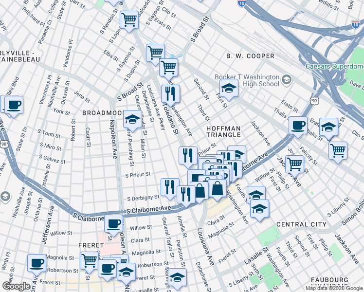 map of restaurants, bars, coffee shops, grocery stores, and more near 3312 Toledano Street in New Orleans