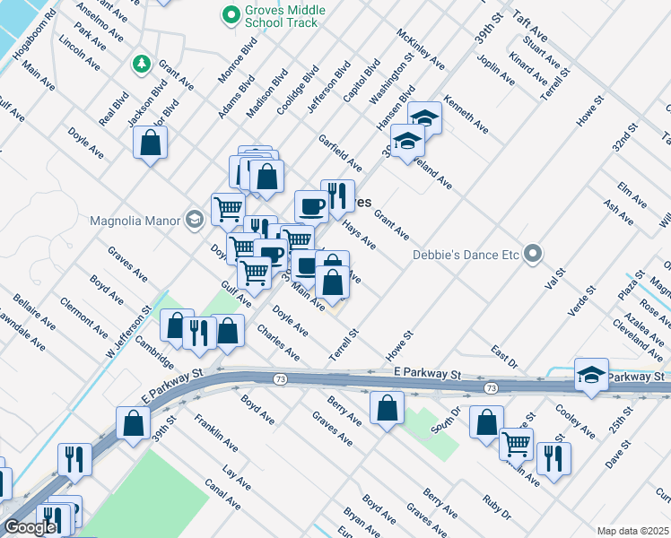 map of restaurants, bars, coffee shops, grocery stores, and more near 3851 Lincoln Avenue in Groves