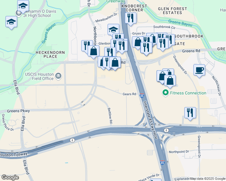 map of restaurants, bars, coffee shops, grocery stores, and more near 454 Gears Road in Houston