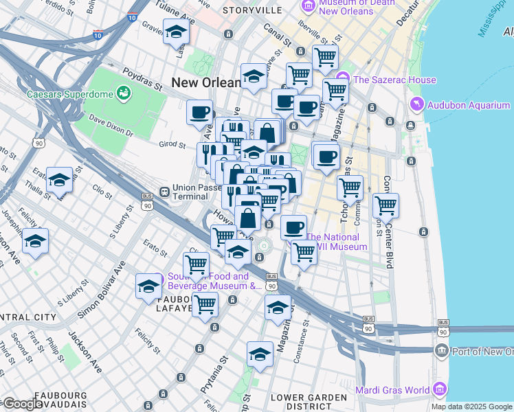 map of restaurants, bars, coffee shops, grocery stores, and more near 29114 Julia Street in New Orleans