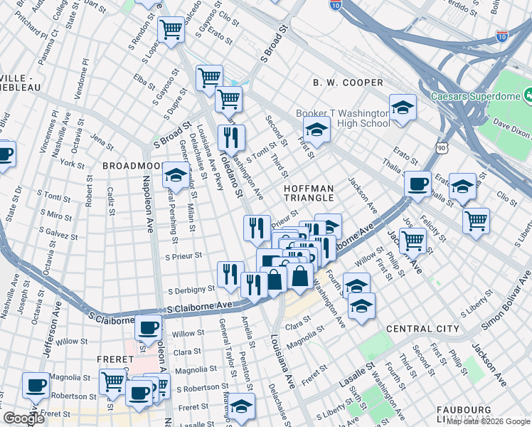map of restaurants, bars, coffee shops, grocery stores, and more near 3418 Washington Avenue in New Orleans