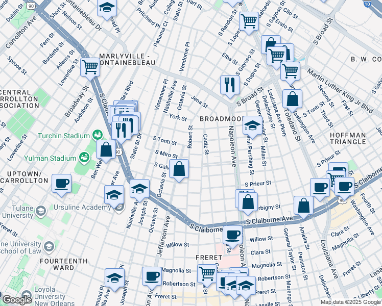 map of restaurants, bars, coffee shops, grocery stores, and more near 3534 Robert Street in New Orleans