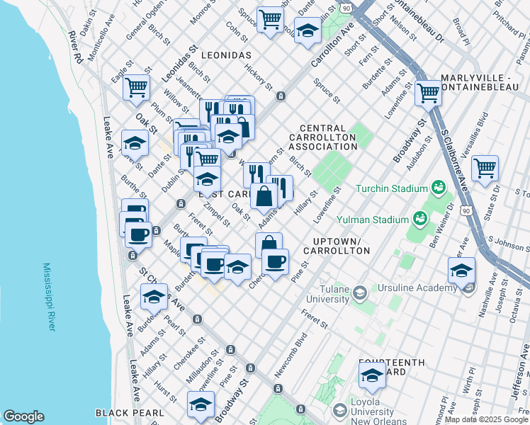 map of restaurants, bars, coffee shops, grocery stores, and more near 1301 Burdette Street in New Orleans
