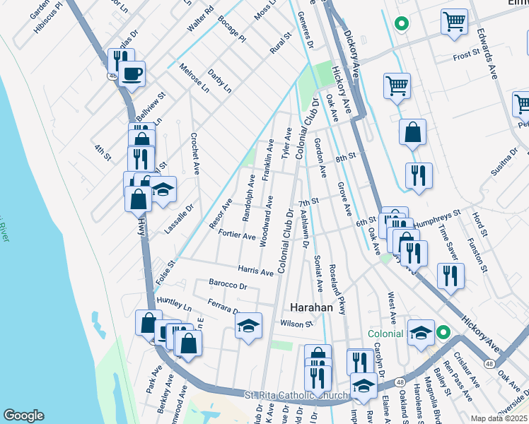 map of restaurants, bars, coffee shops, grocery stores, and more near 715 Woodward Avenue in Harahan