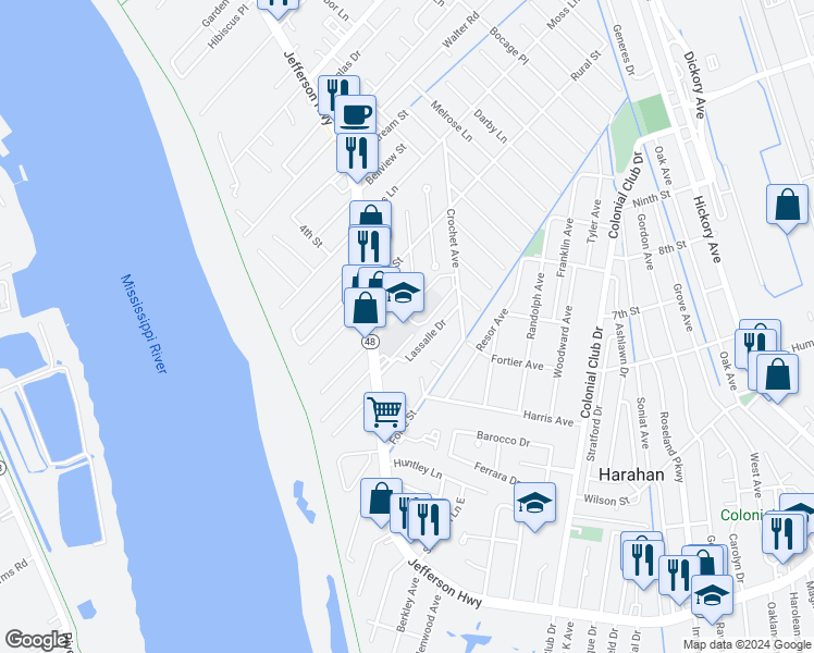 map of restaurants, bars, coffee shops, grocery stores, and more near 8809 Jefferson Highway in River Ridge