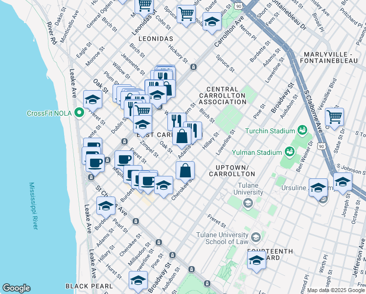 map of restaurants, bars, coffee shops, grocery stores, and more near 1301 Burdette Street in New Orleans