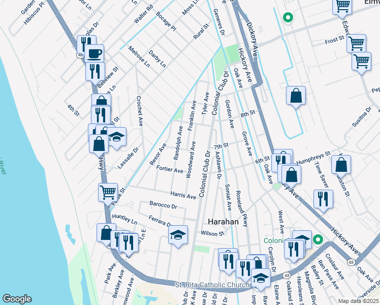map of restaurants, bars, coffee shops, grocery stores, and more near 715 Woodward Avenue in Harahan
