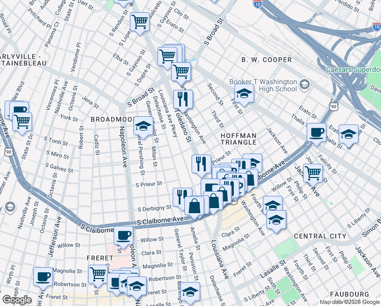 map of restaurants, bars, coffee shops, grocery stores, and more near 3320 Toledano Street in New Orleans