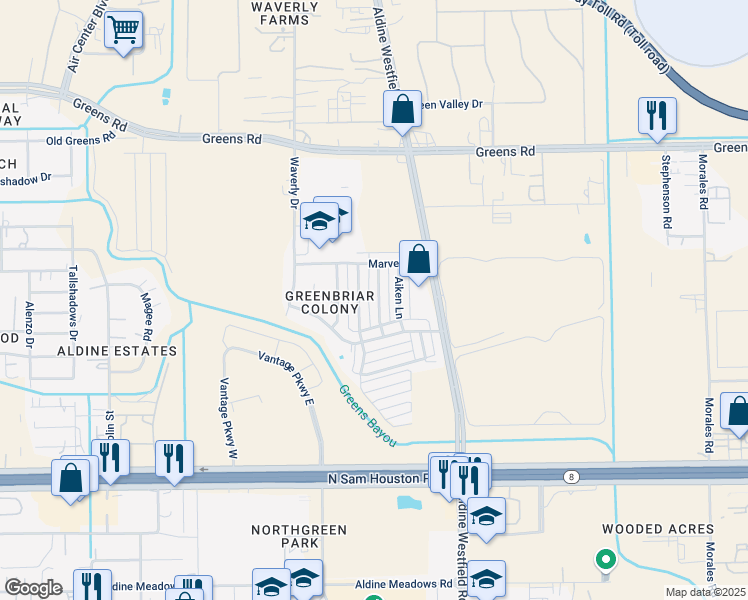 map of restaurants, bars, coffee shops, grocery stores, and more near 15531 Martineau Street in Houston