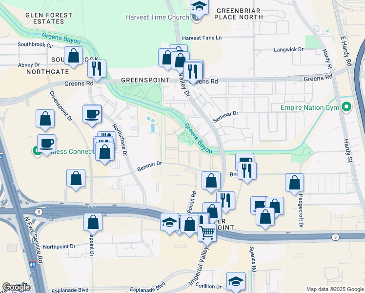 map of restaurants, bars, coffee shops, grocery stores, and more near 16818 City View Place in Houston
