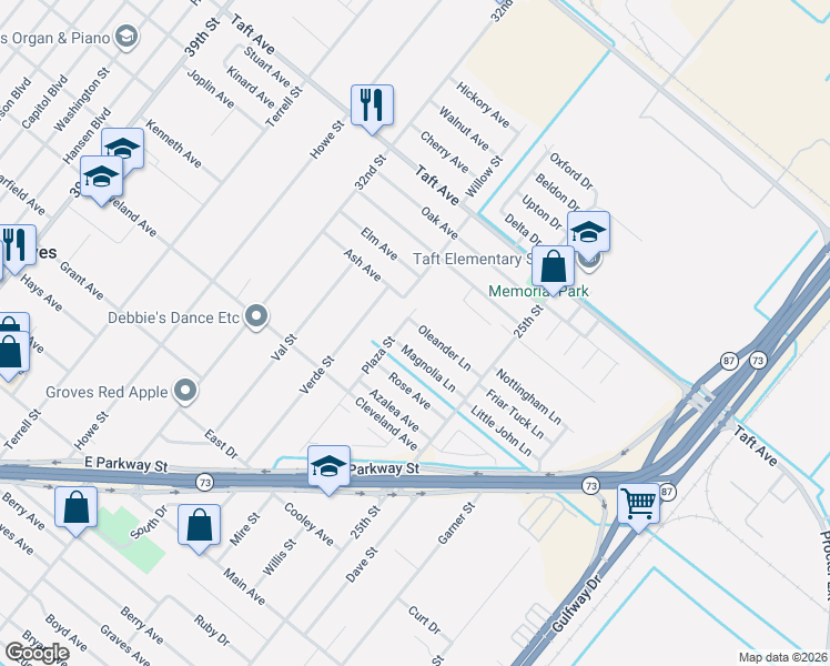 map of restaurants, bars, coffee shops, grocery stores, and more near 2830 Oleander Lane in Groves